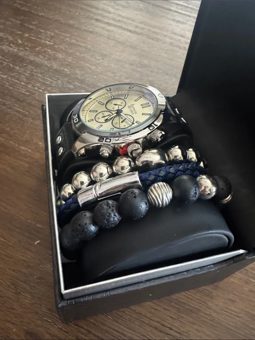 American Exchange Men’s Silver and Black Chronograph Watch with Bracelet Set